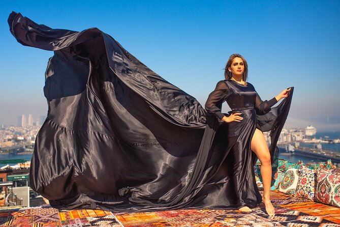 Istanbul Rooftop Photoshoot with Flying Dress - A Rooftop Princess Moment With Bosphorus Views